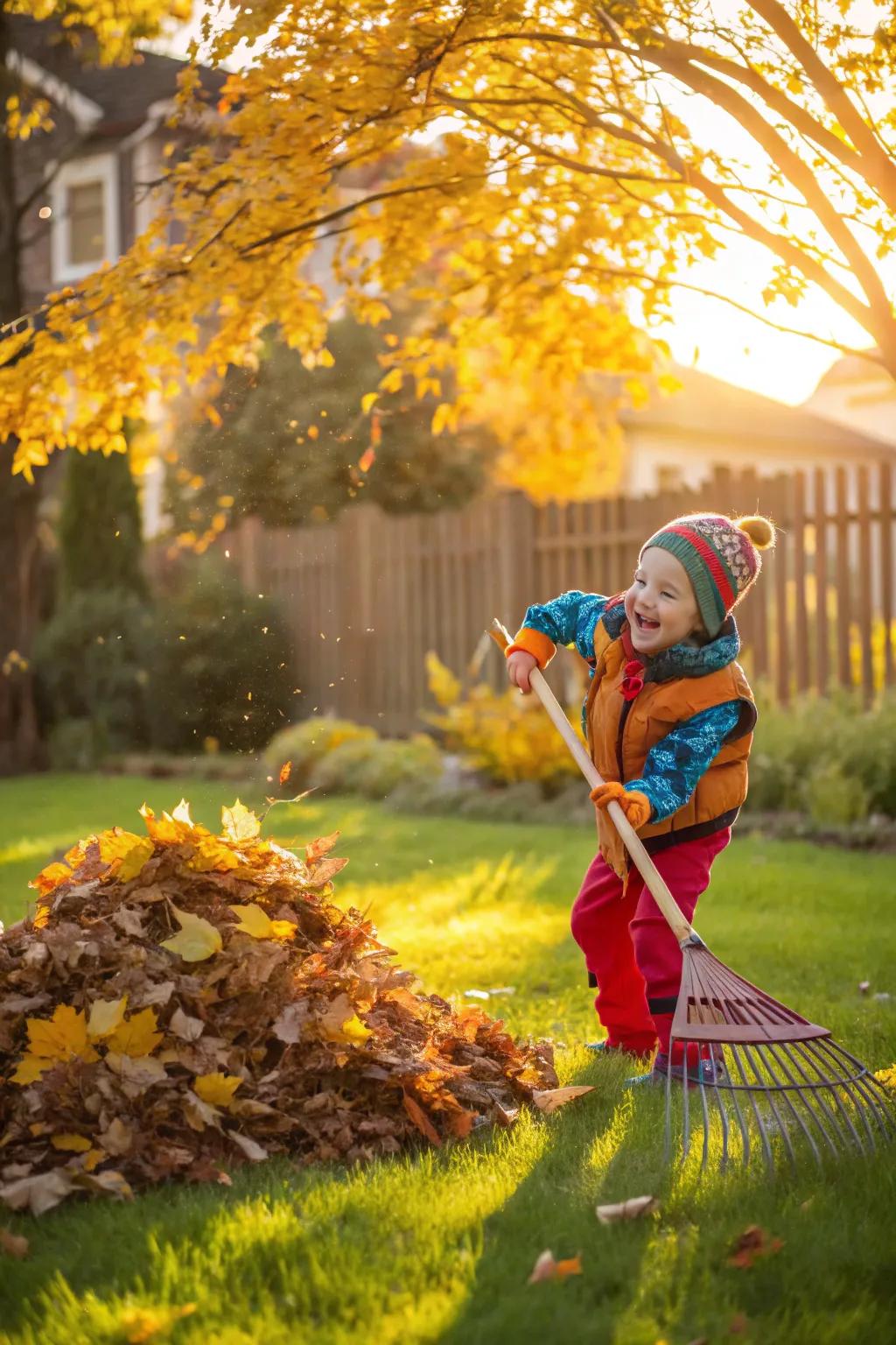 A child gathering foliage, merging labor with frolic.