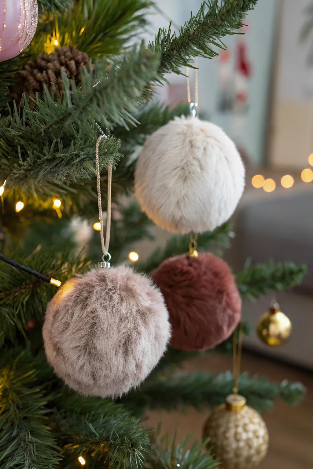 Imitation fur-enclosed ornaments craft an inviting, snug atmosphere.