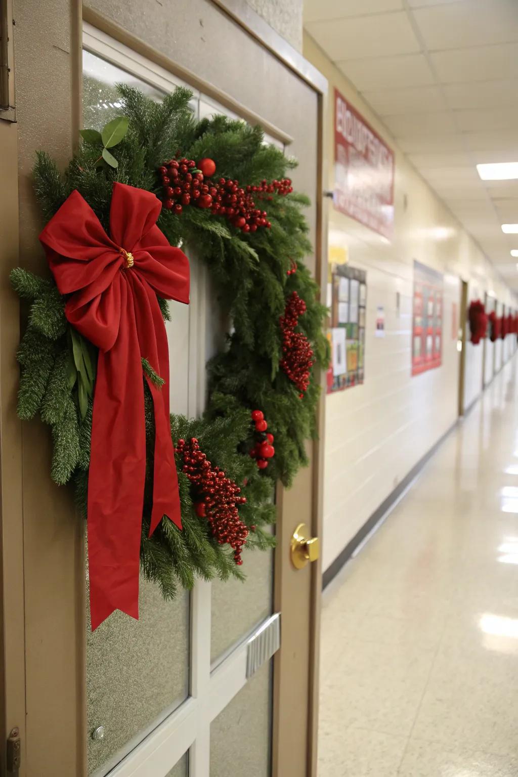 A classic holiday wreath adorns this school door.