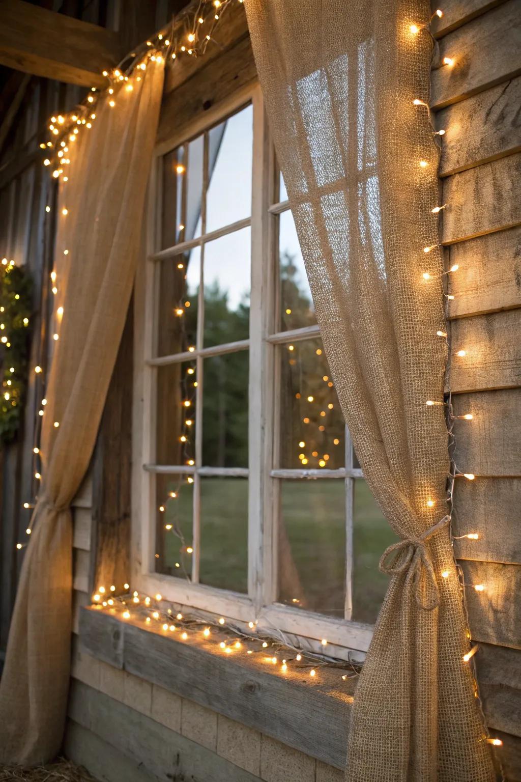 Sackcloth and lights produce a homespun, warm window display.
