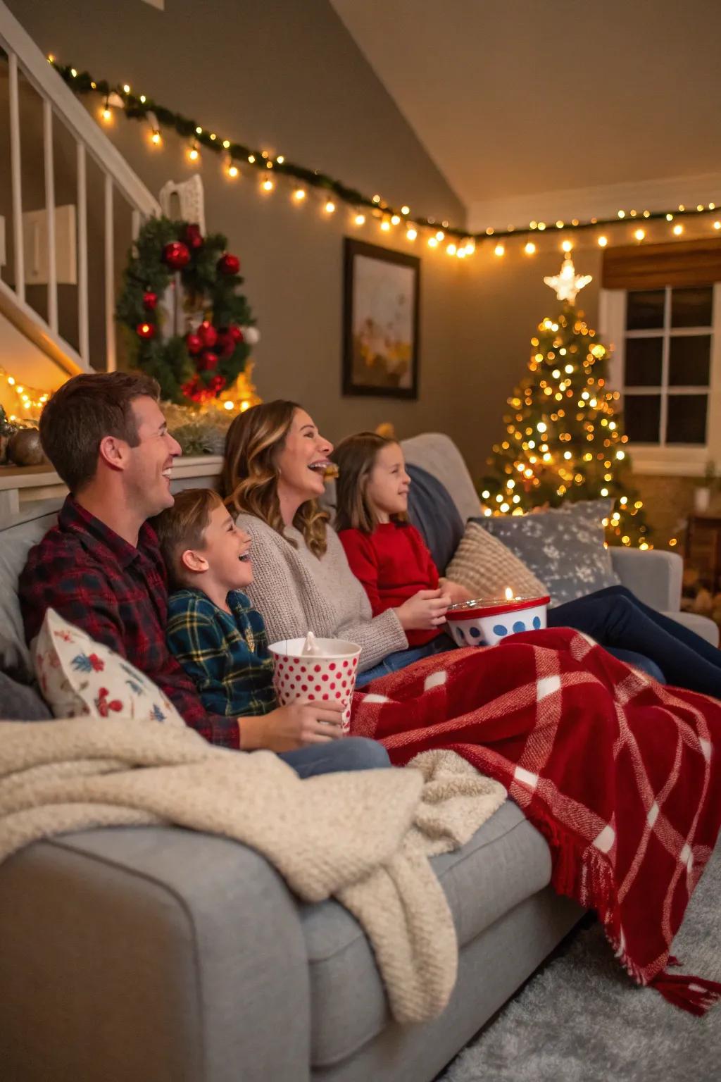 A family enjoying a cozy holiday movie night, surrounded by festive decorations.