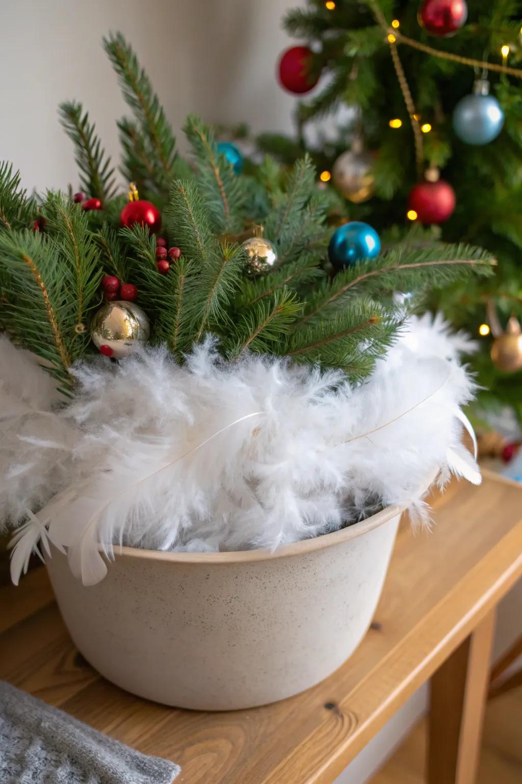 Feathers add a touch of elegance and softness to planters.