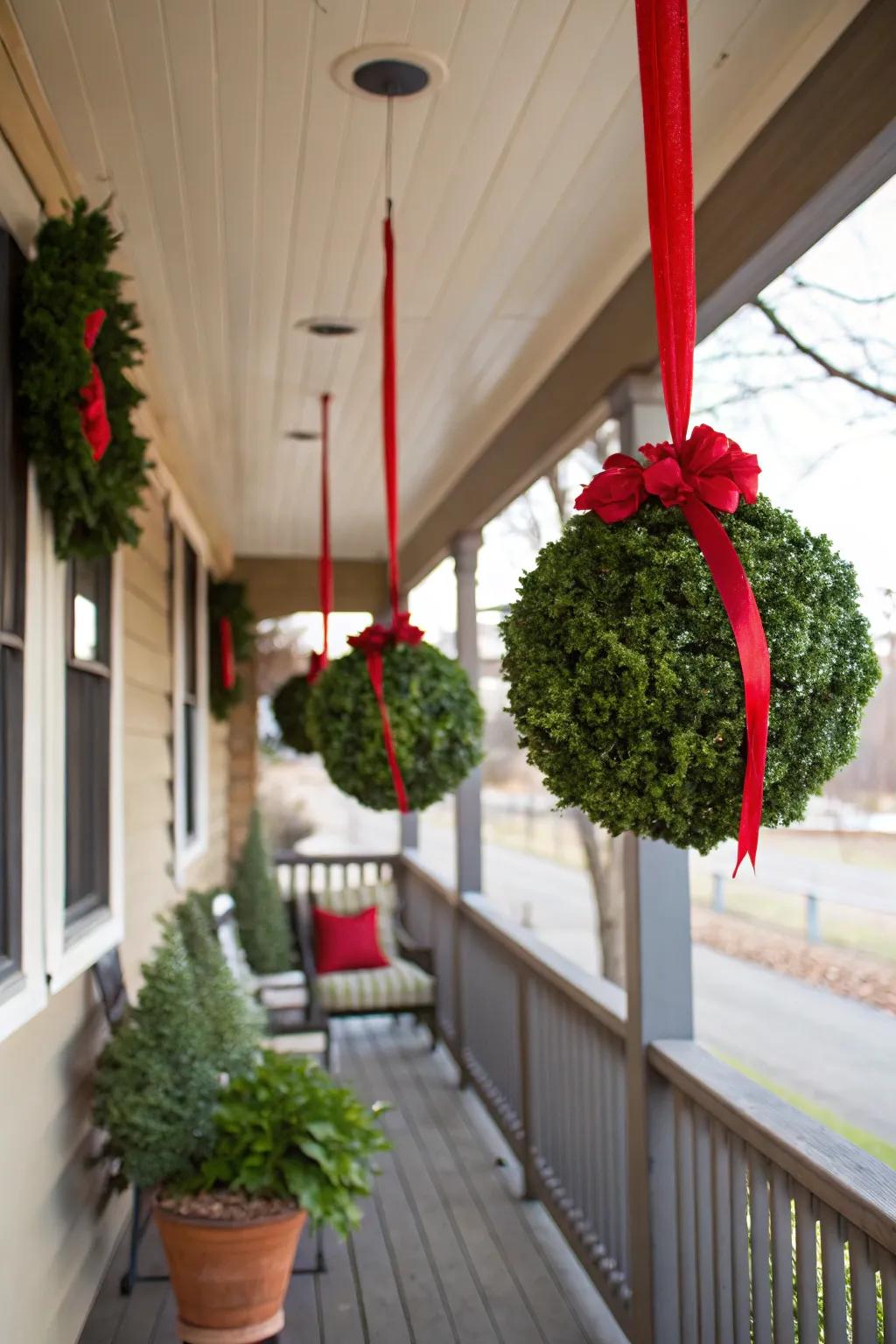 Elegant mistletoe orbs lending romance to any porch.