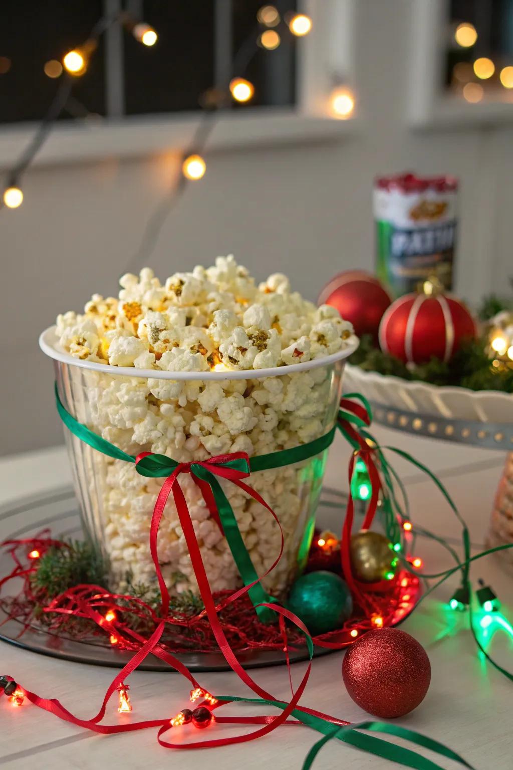 A popped corn wreath contributes a playful, nostalgic touch.