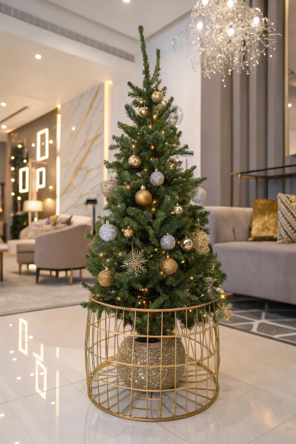 A gilded filament hamper imparts a glamorous impression to your tree.
