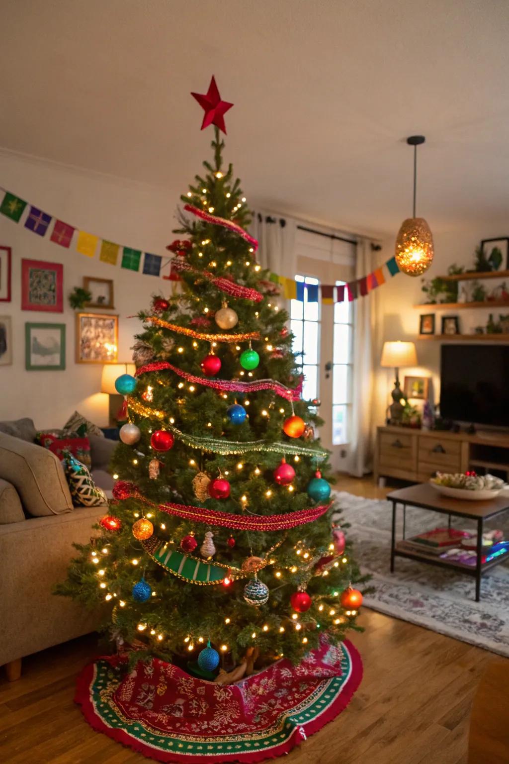 A lively Christmas tree featuring fiesta-themed ornaments and vibrant colored lights, adding a festive flair to the holidays.