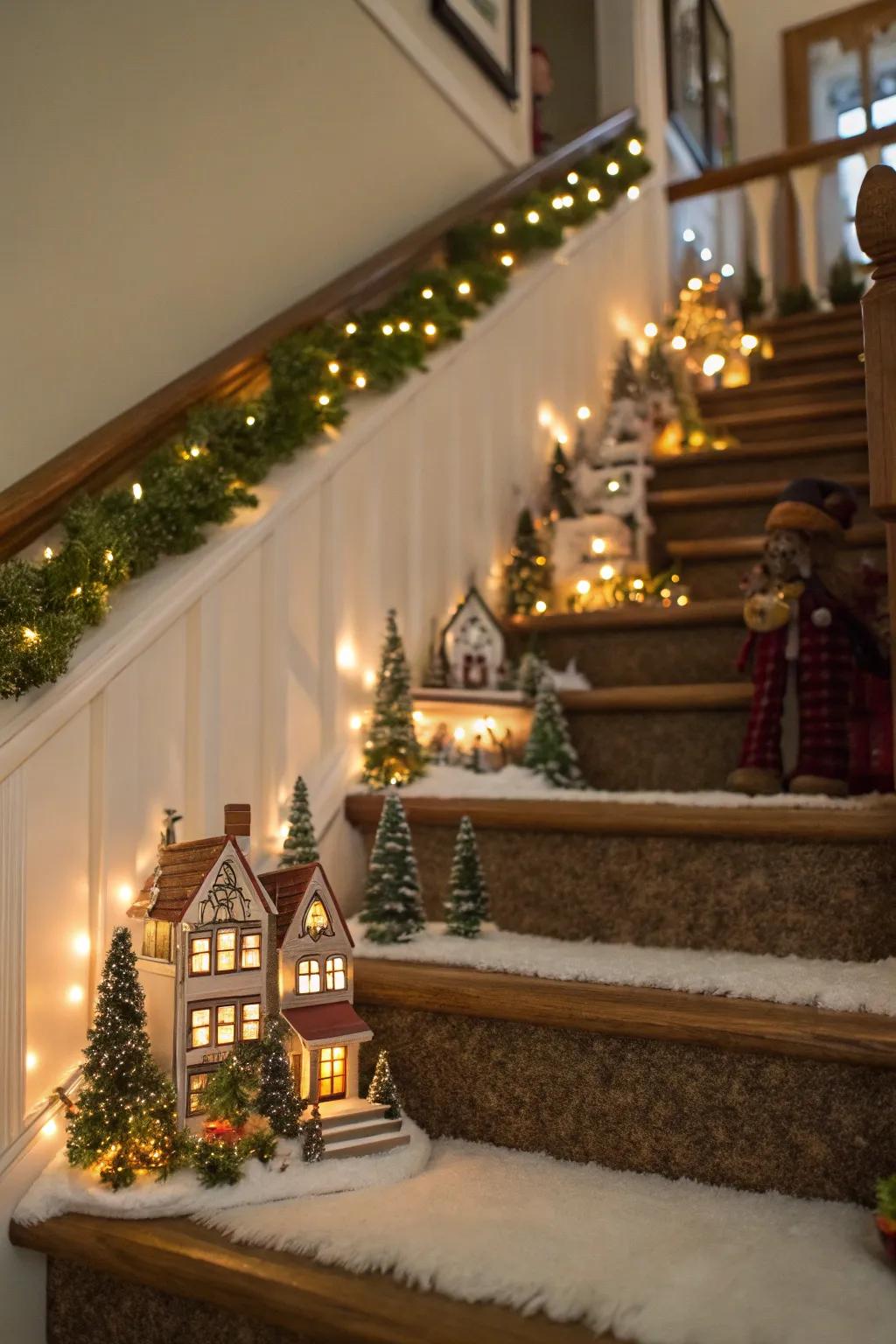 A staircase becomes a charming path for a Christmas village.