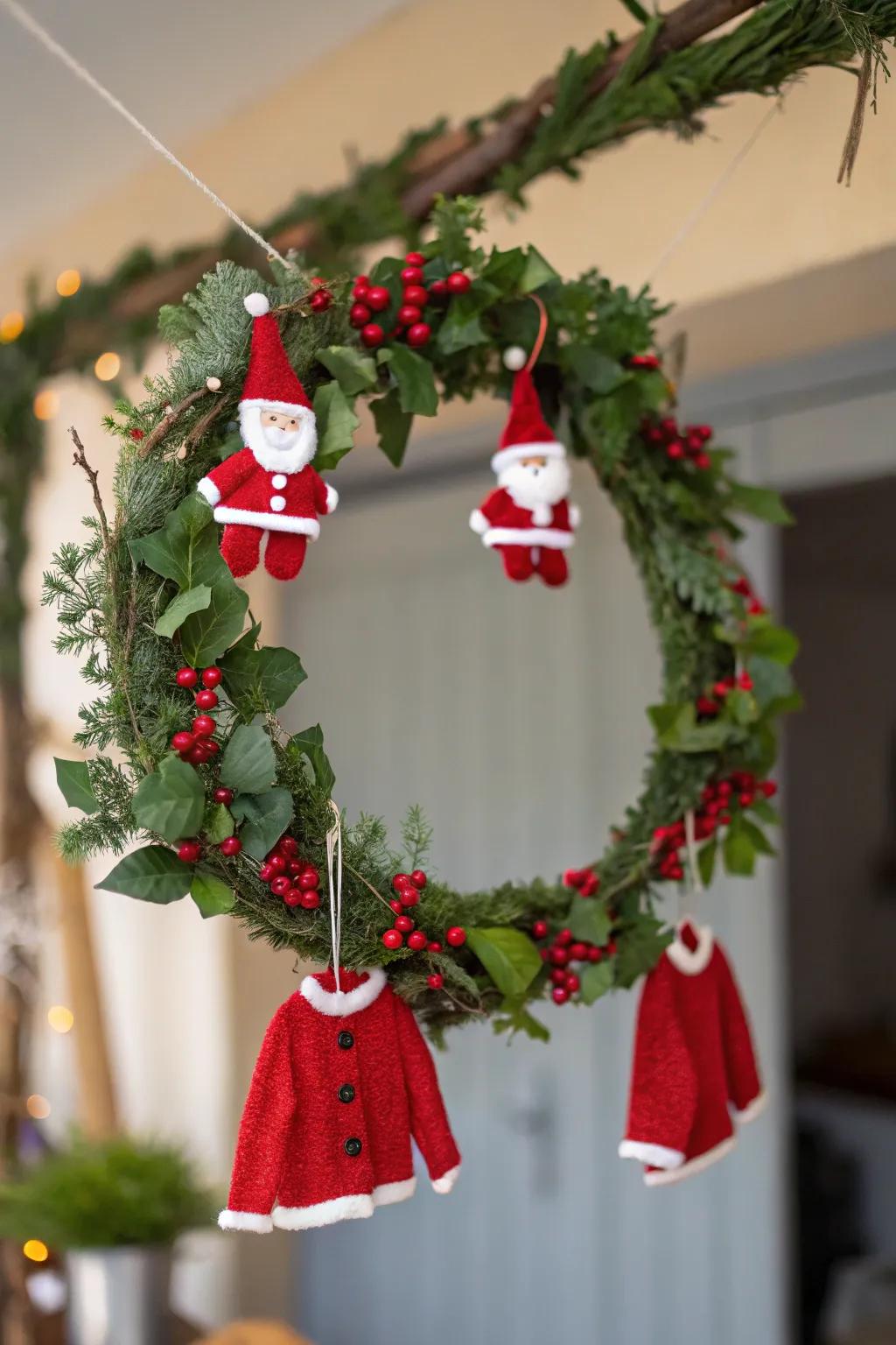 A playful St. Nick's laundry wreath featuring petite garments for a touch of whimsy.