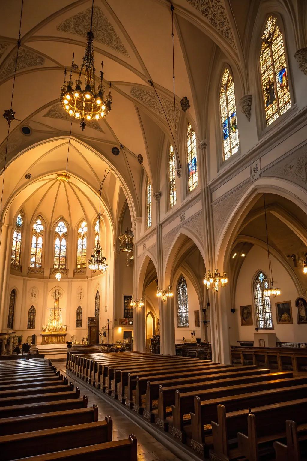 Church interior featuring surrounding lighting.