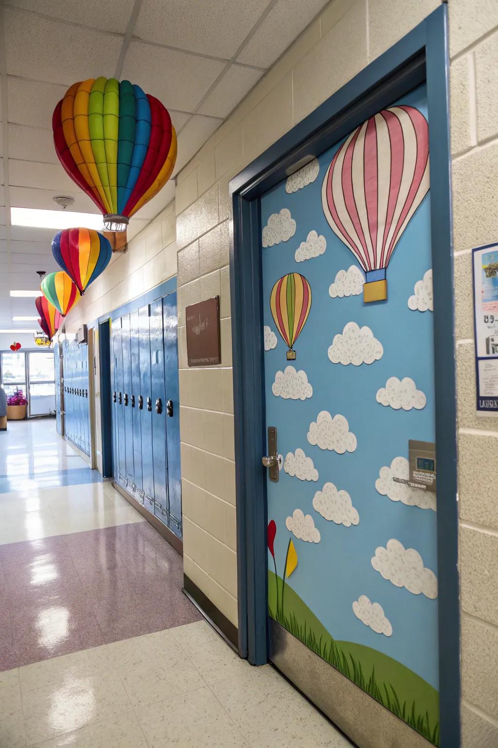 A soaring balloon-themed classroom door featuring a sky theme.