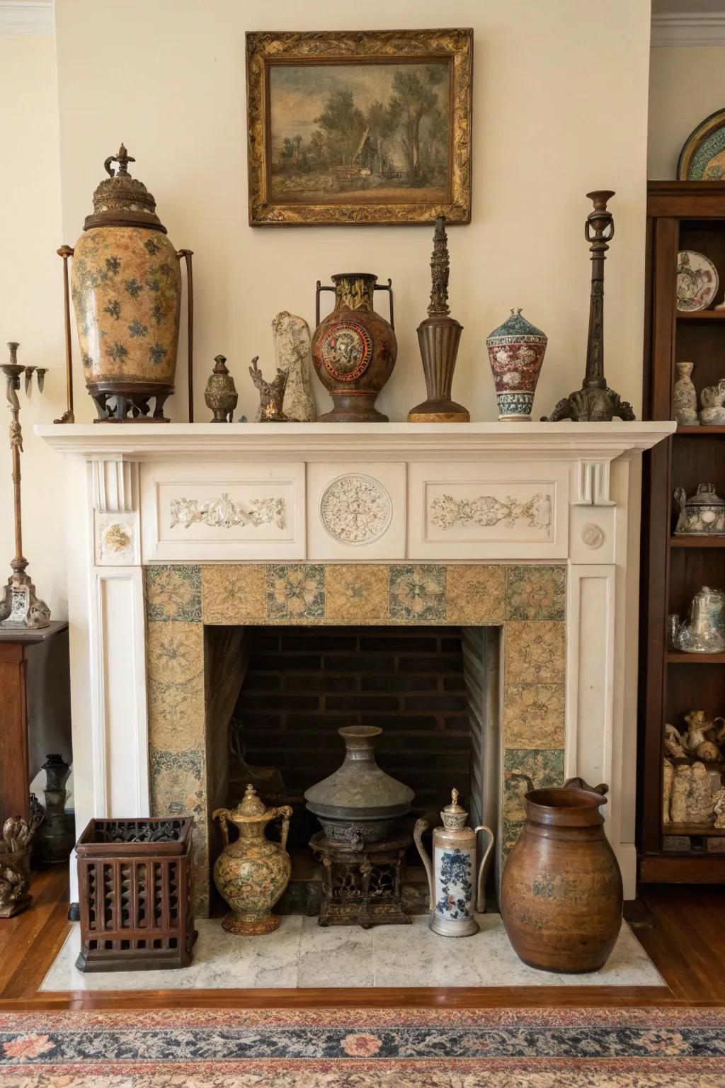 Antiques in a fireplace offer a glimpse into history and personal stories.