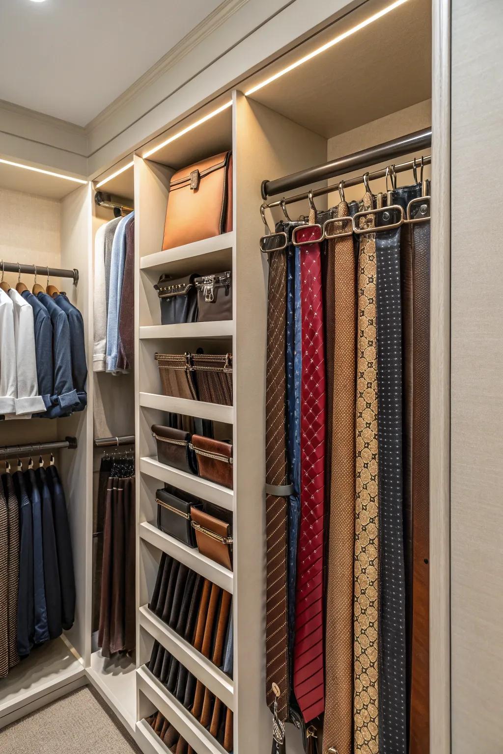 Pull-out racks offer organized, accessible storage for accessories.