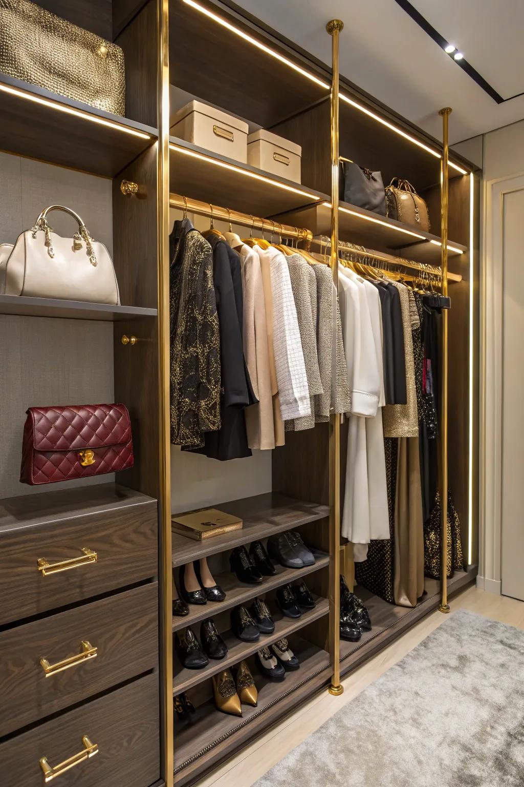 Gold-colored rails bring a touch of luxury to closet areas.