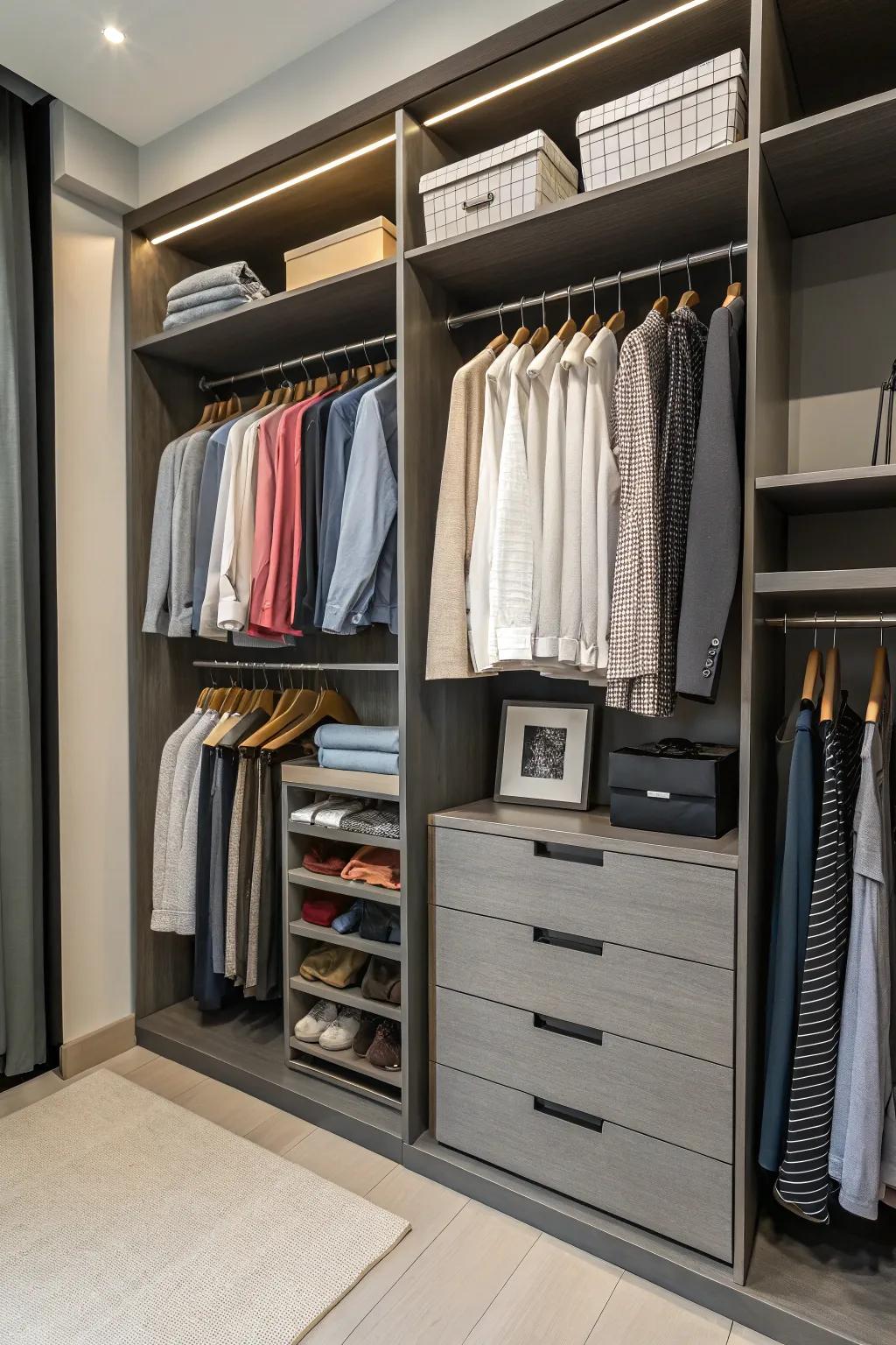 Space-saving hangers maximize hanging space.