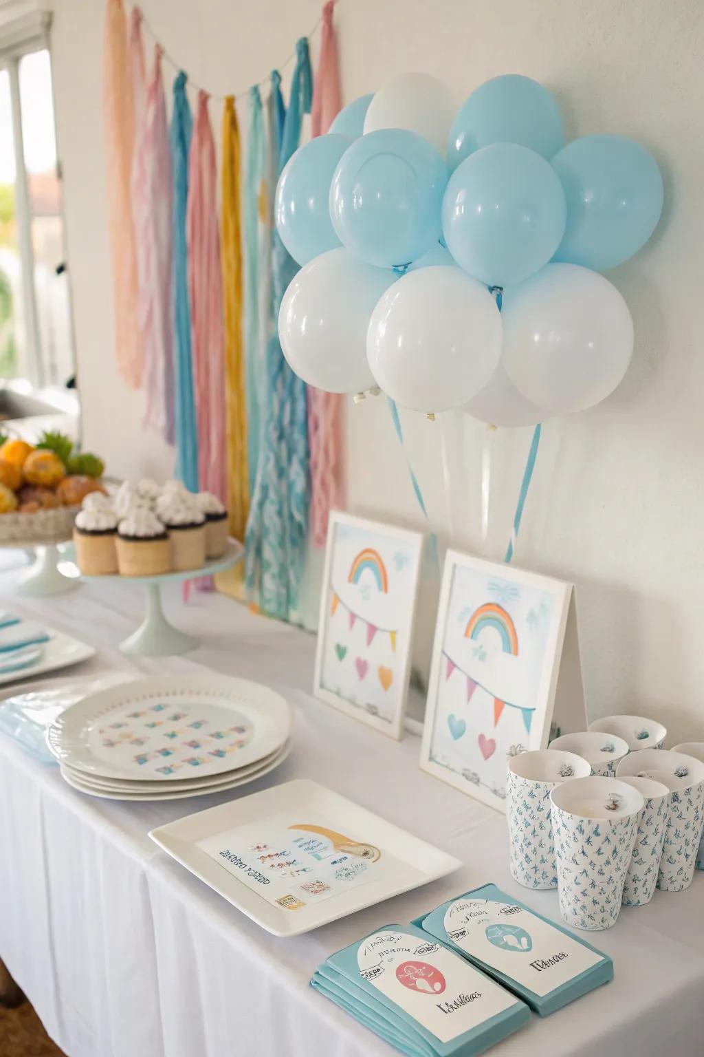 Cumulus-themed amusements bestow a playful and interactive element to the baby shower.