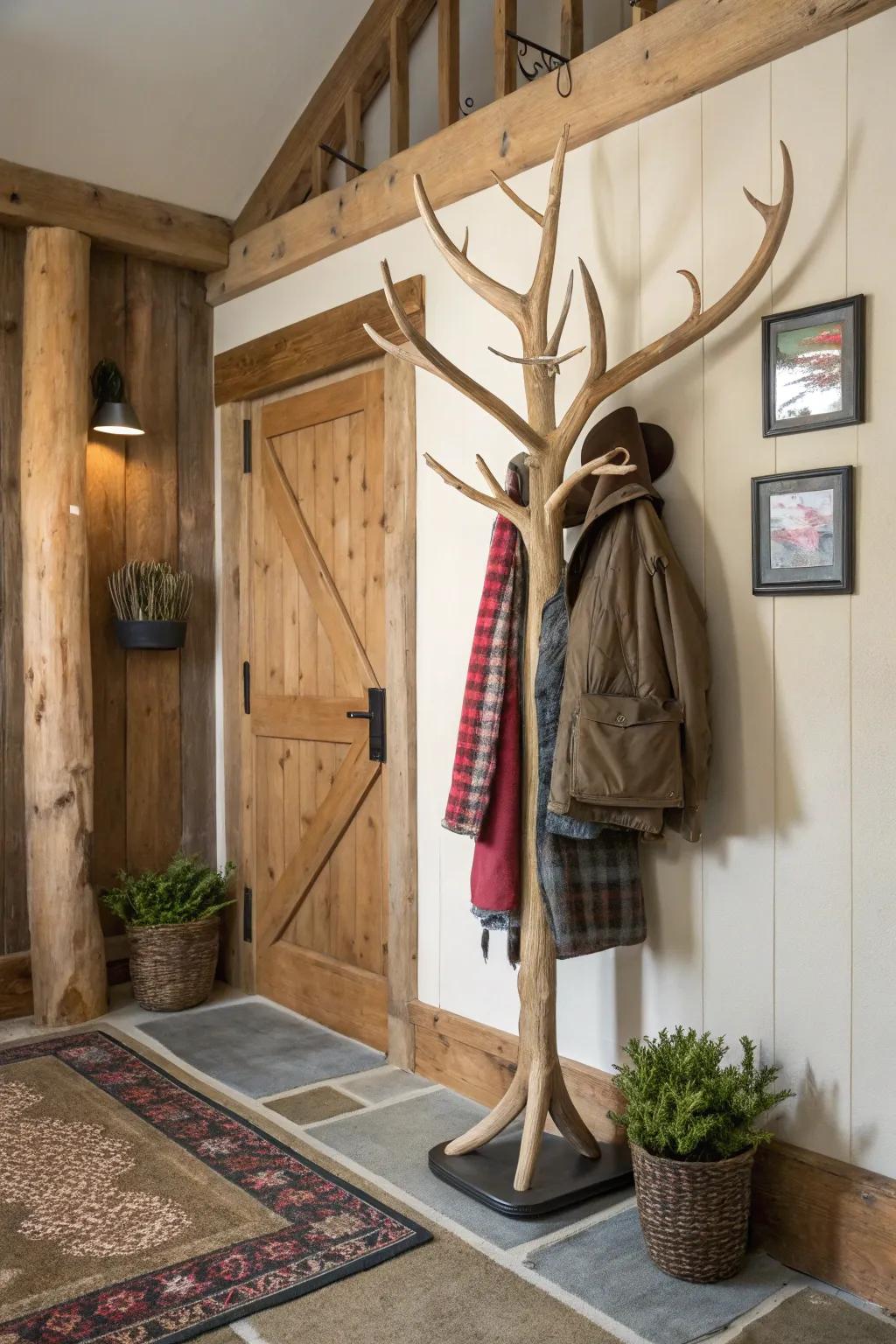 A whimsical faux horn coat rack that appends a lighthearted nuance to homespun ornamentation.