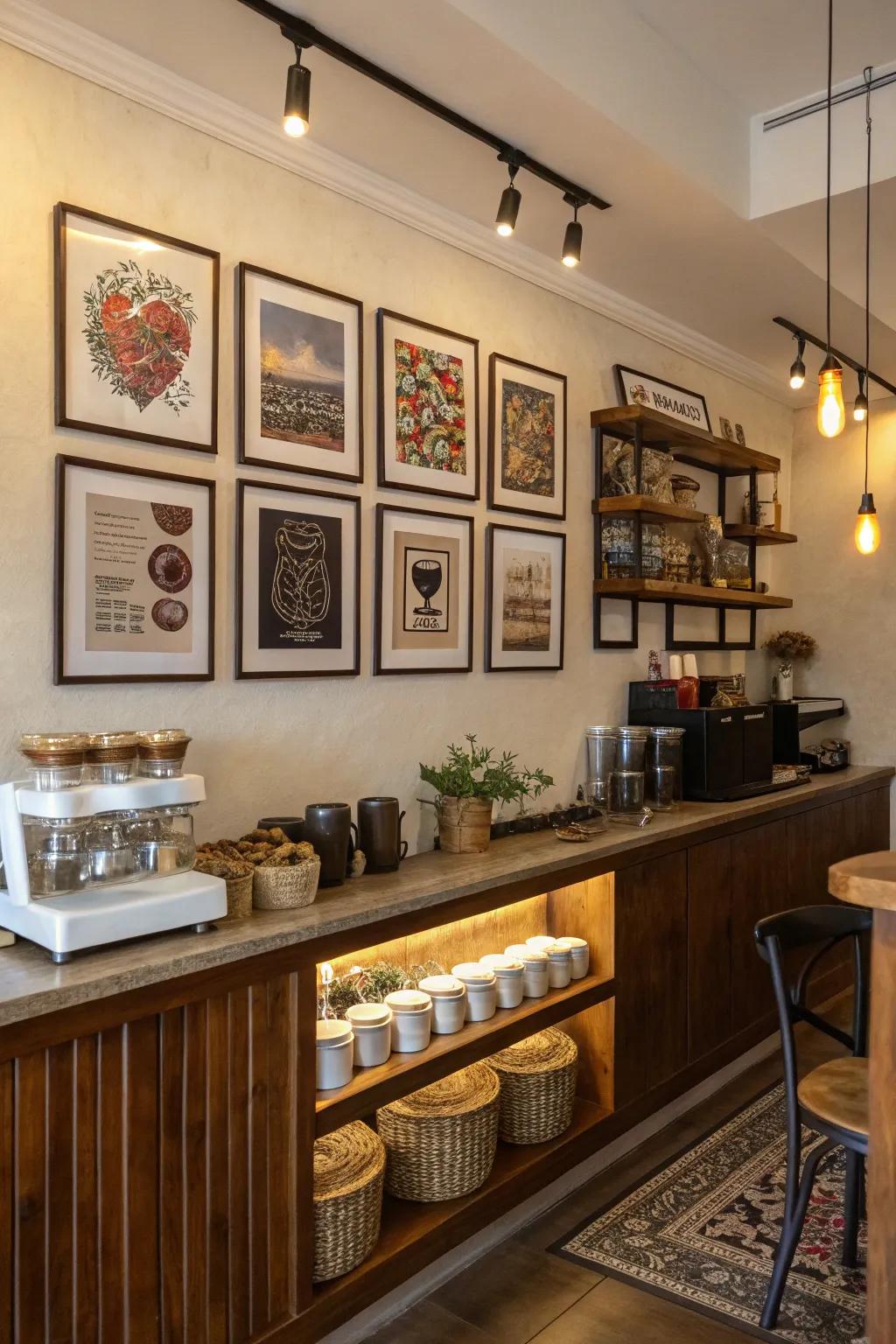 A picture wall adds character and flair to your coffee corner.