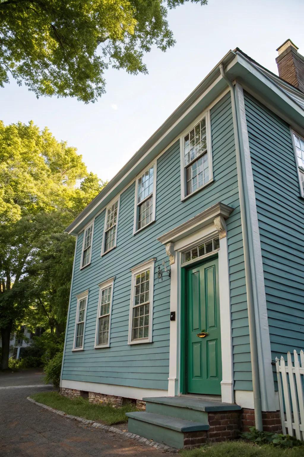 A serene colonial house with azure-stone paneling and a striking verdant door.