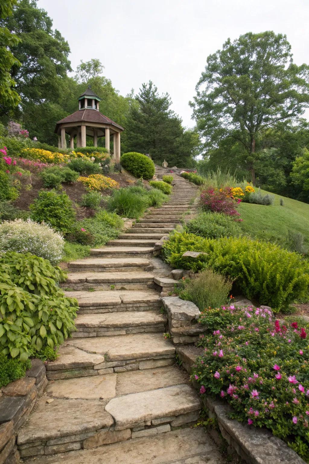 Tiered walkways offer practical navigation and aesthetic appeal.