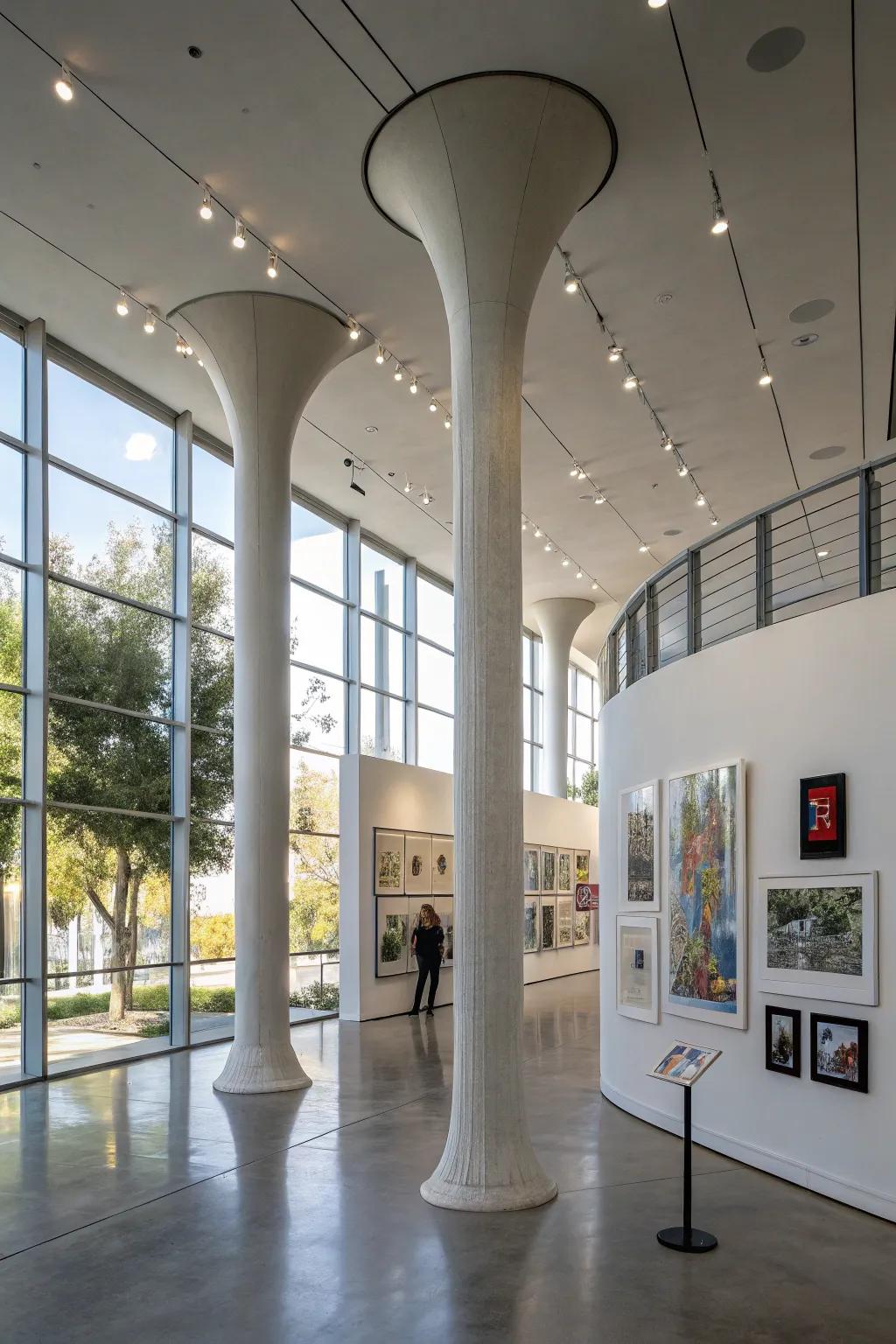 Sculpted columns stand as artistic focal points in a modern space.