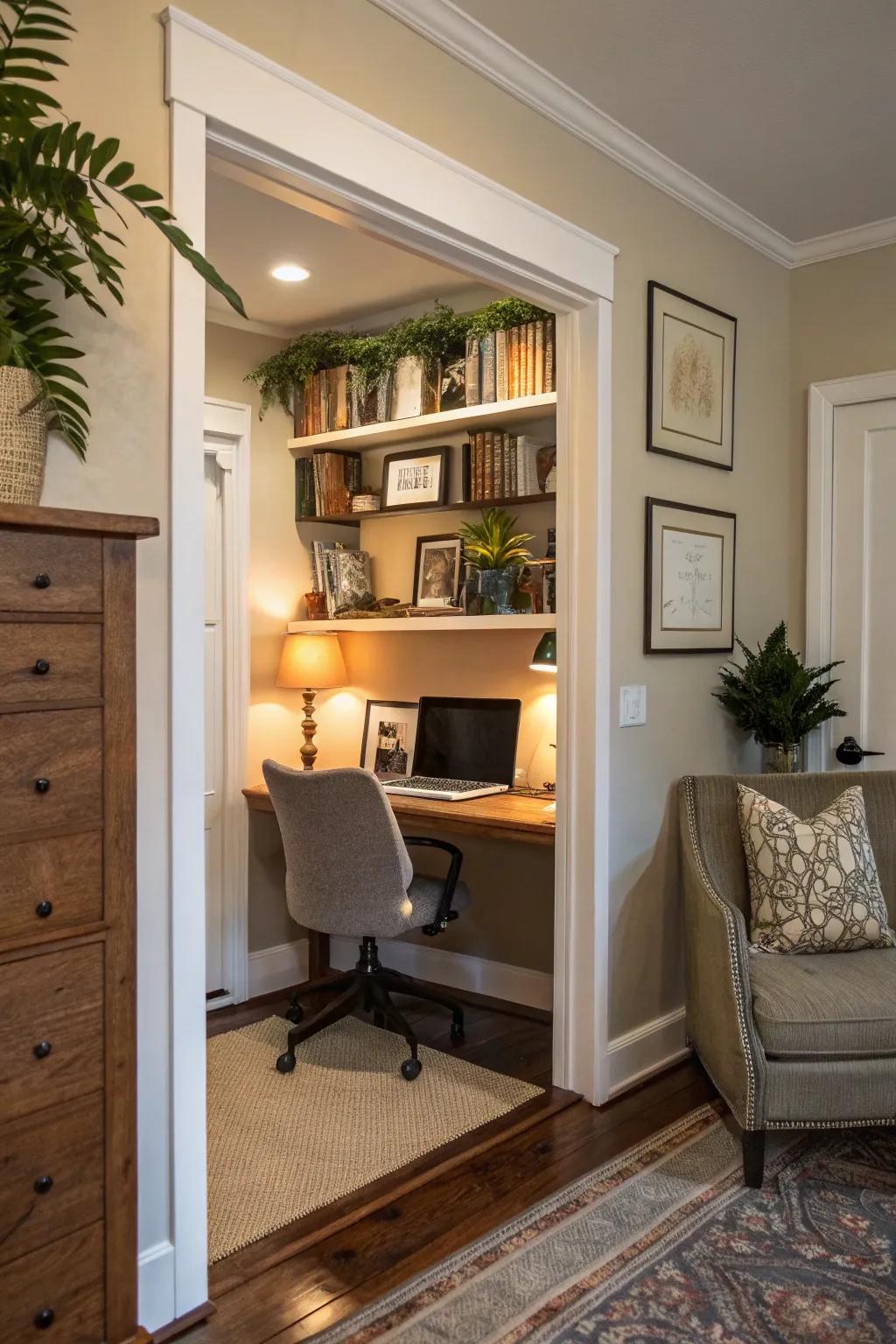A recess provides a surprising and private workspace.