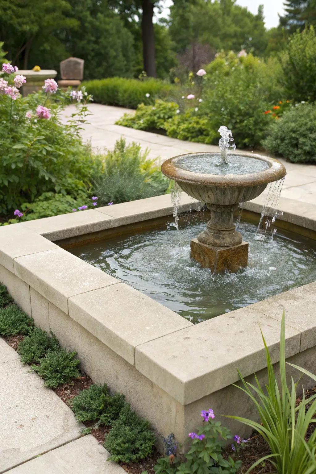 Concrete borders frame water features attractively.