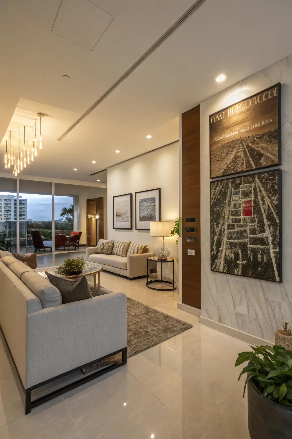 A condo interior featuring prominent statement artwork as a focal point.