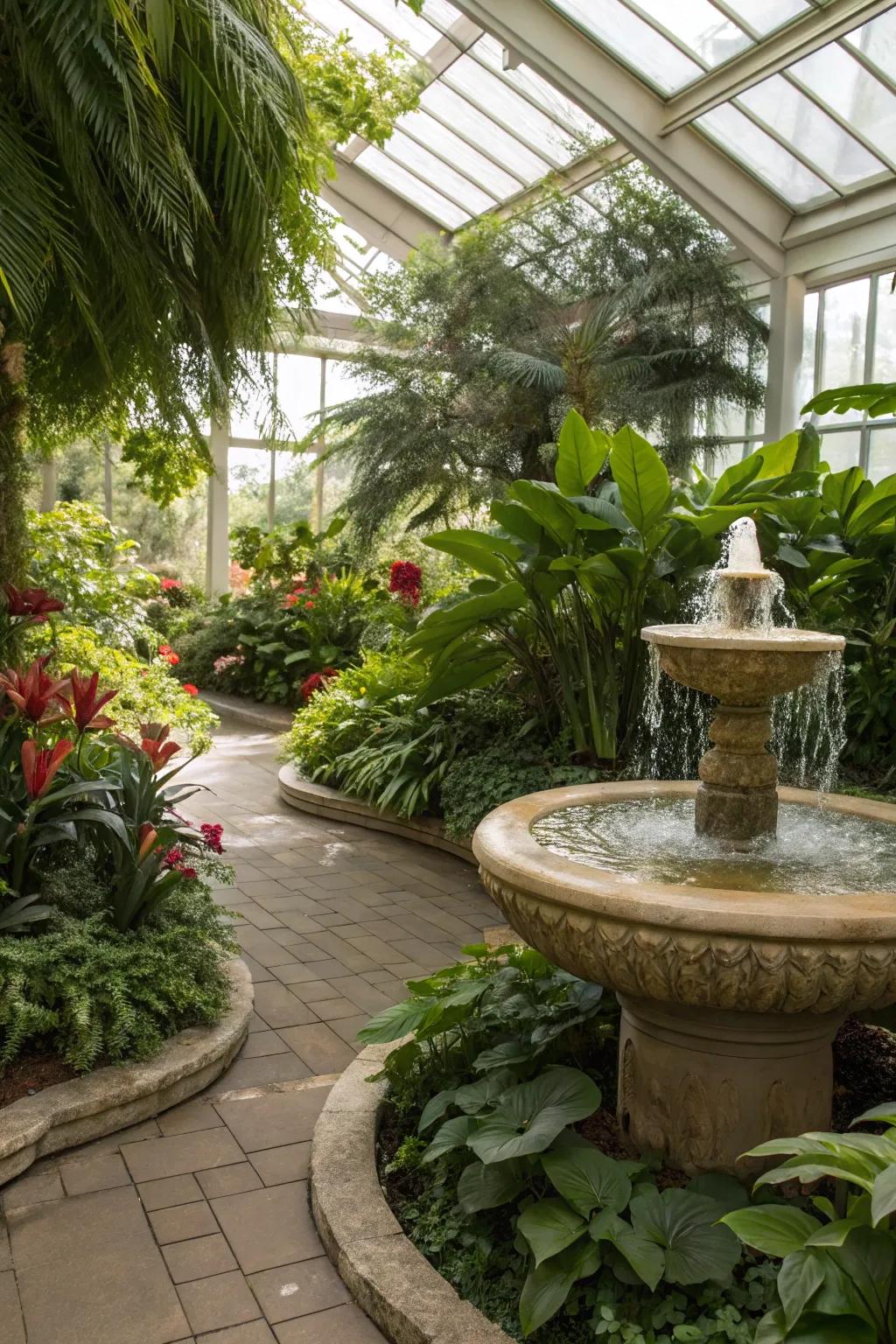 A calming water element within a sunroom.