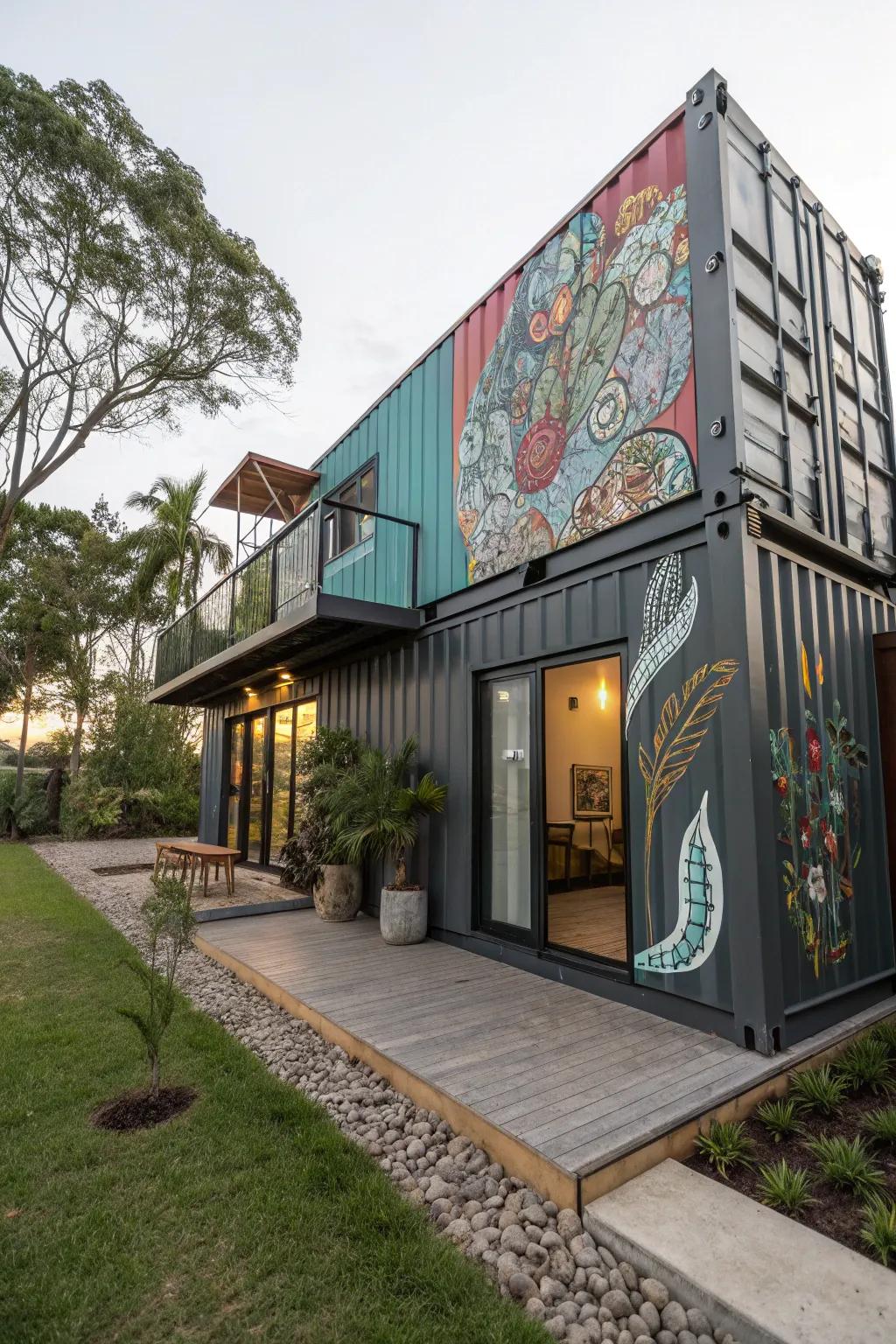 A container home with stunning artistic touches.