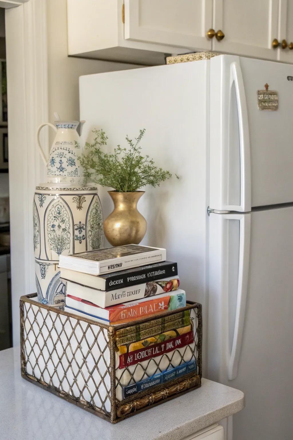 Top-of-fridge storing adds functionality to an underused area.