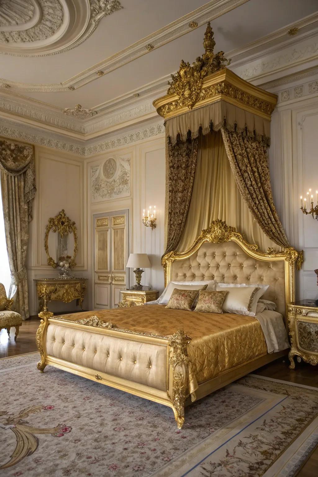 A gilded bed exudes luxury and sophistication, making a grand statement.