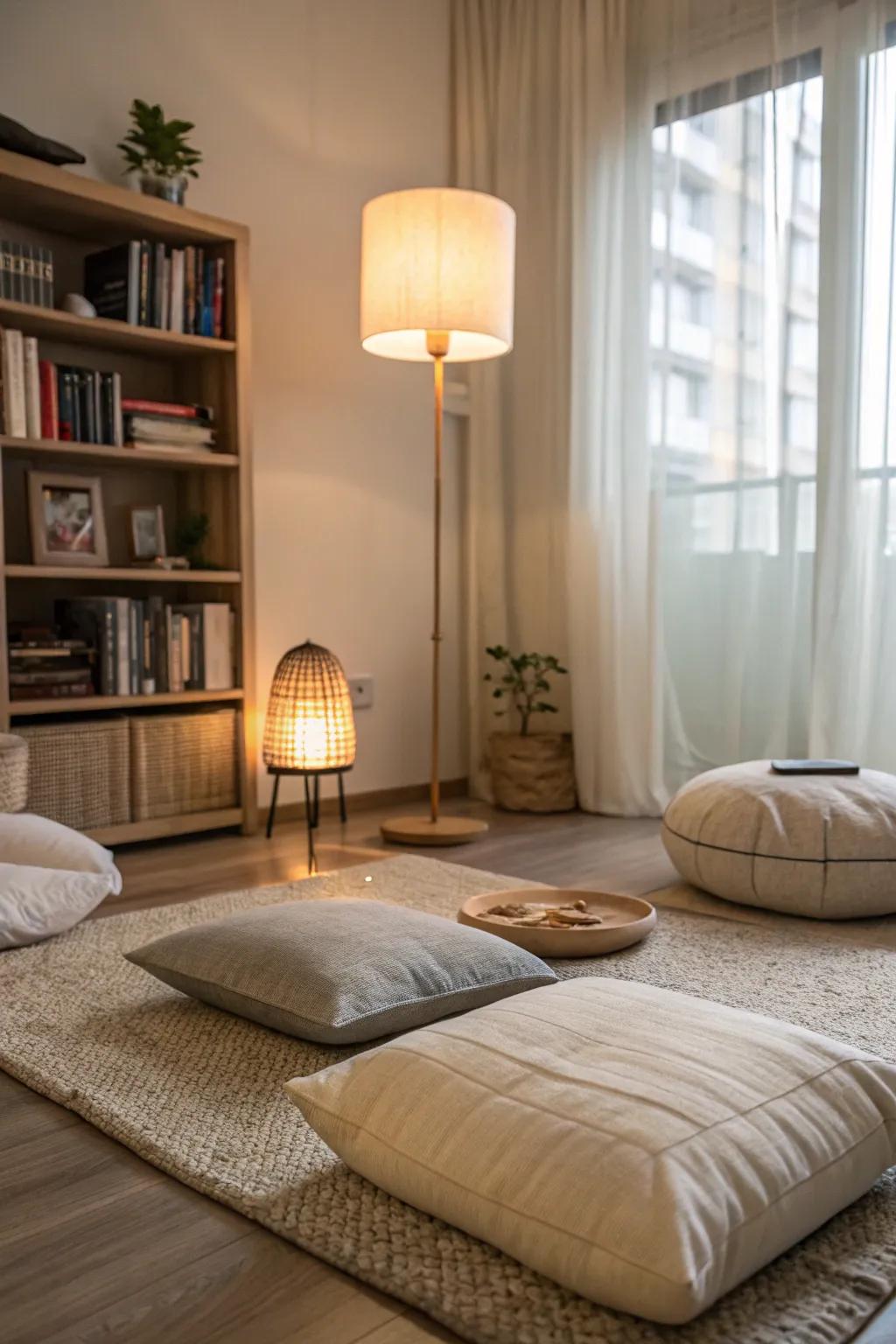 A meditation corner provides a peaceful place for relaxation.