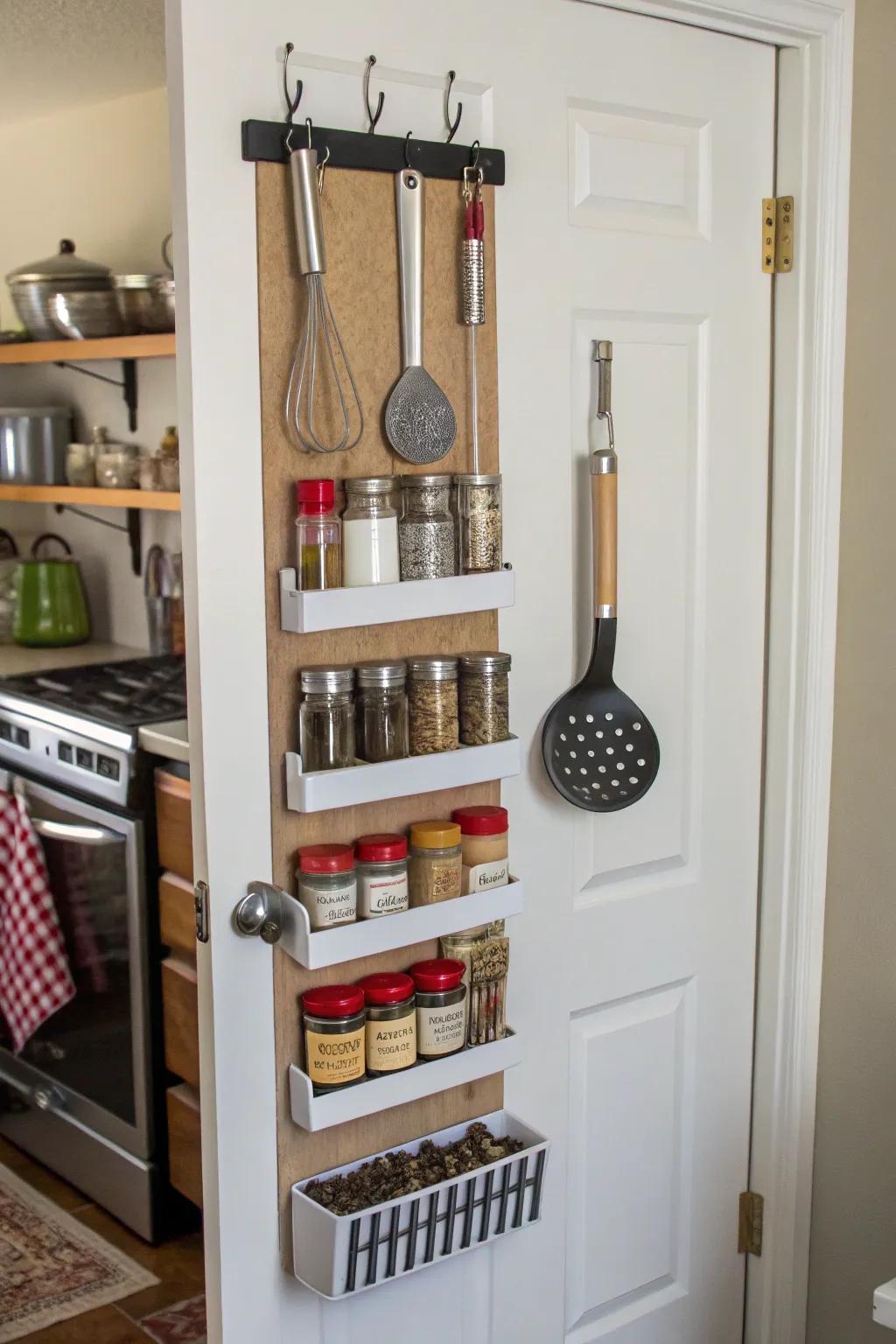 Magnetic strips on a corner pantry door offer additional storage.
