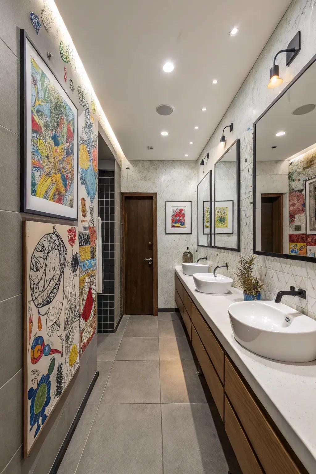 Art pieces introducing personality to a cottage bathroom