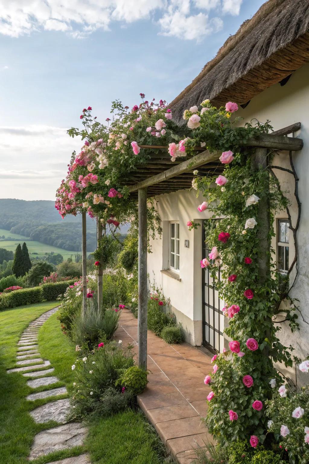 A pergola or trellis appends romance and shade to a cottage facade.
