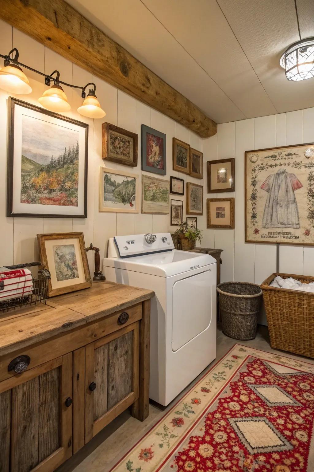 Heritage art adds a burst of personality to your laundry space.