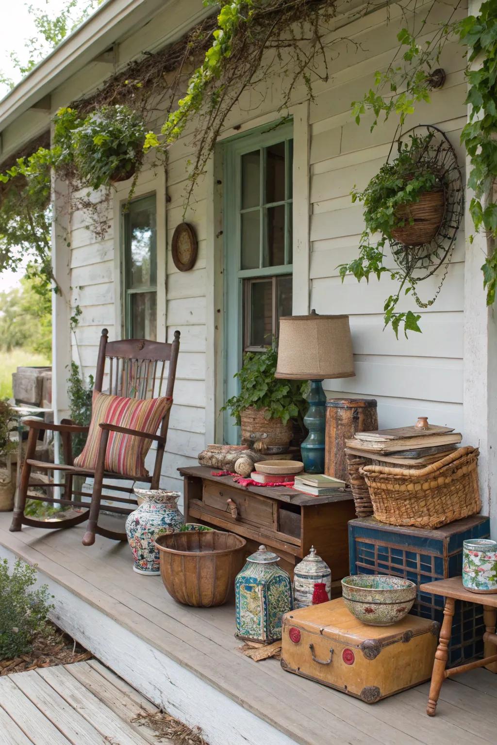 Time-worn finds from flea markets enhance this porch.