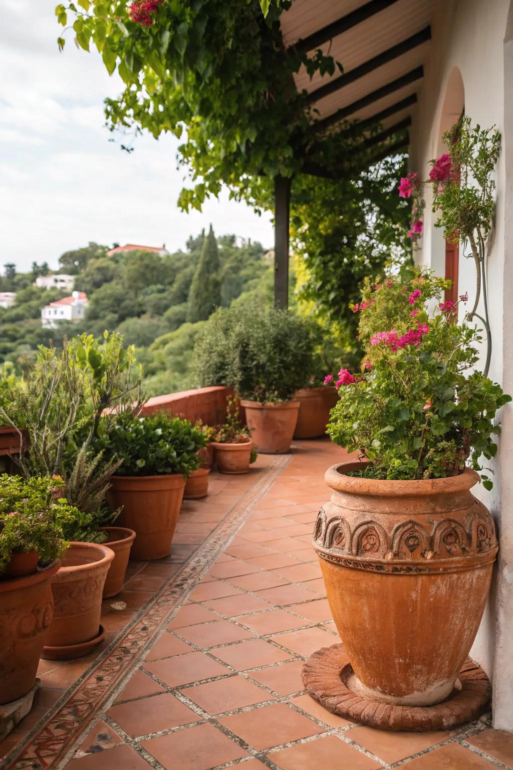 Terracotta adds warmth and a Mediterranean feel.