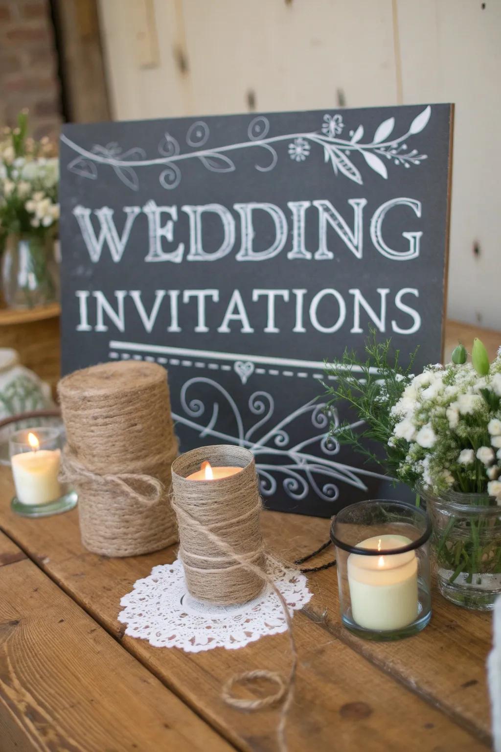 Unpolished wedding invitations featuring a charming blackboard theme.