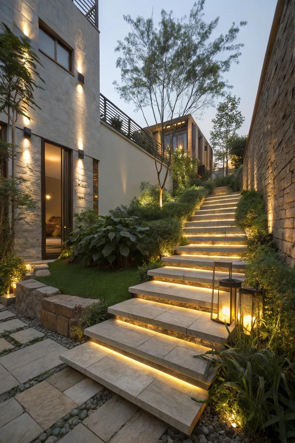 Step lighting adds safety and ambiance to patio stairs.