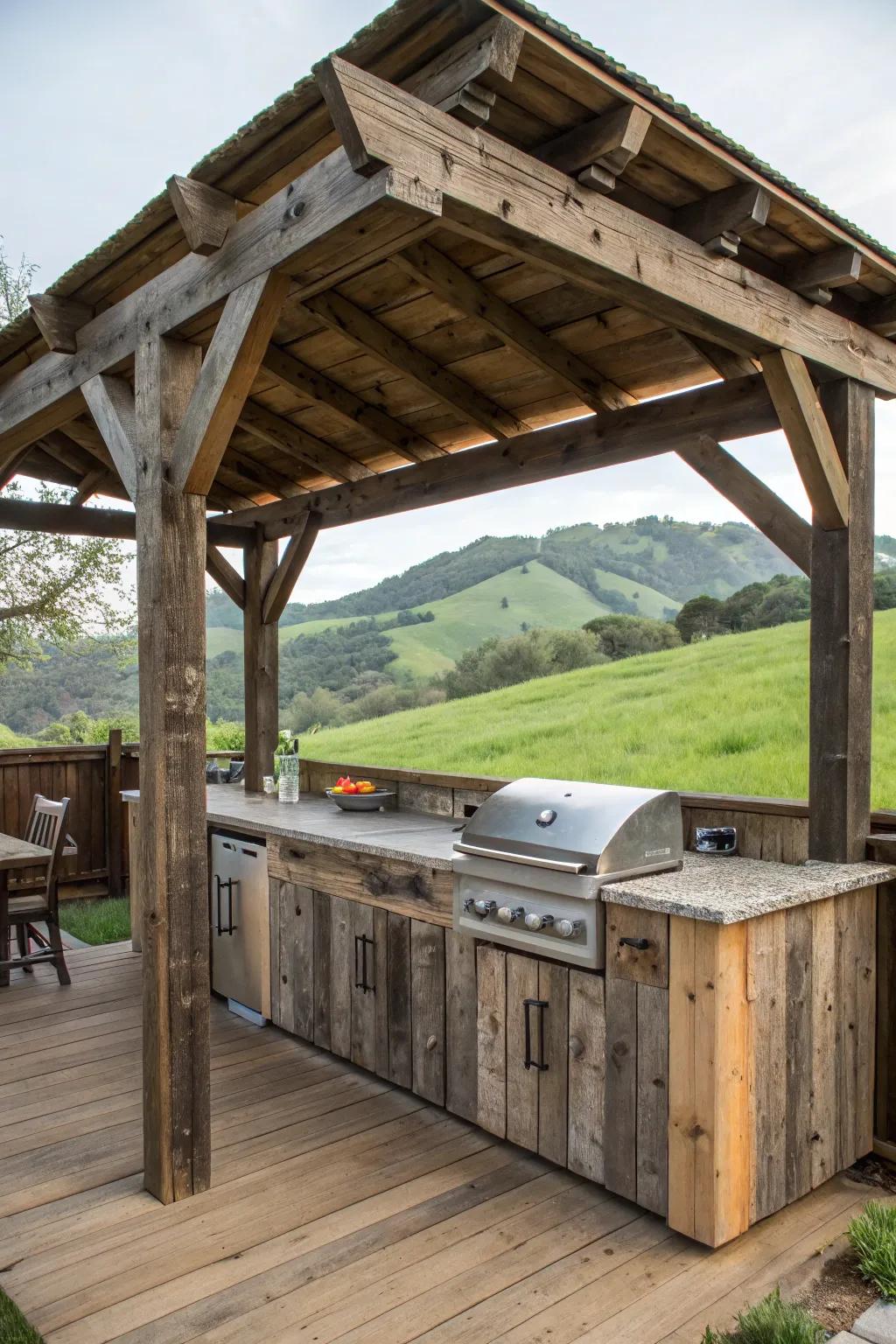 A barn-esque construction infusing country allure into a grilling space.