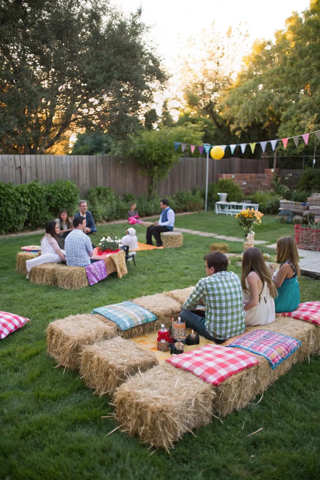 Establish the ambiance with comfortable hay bundle seating.