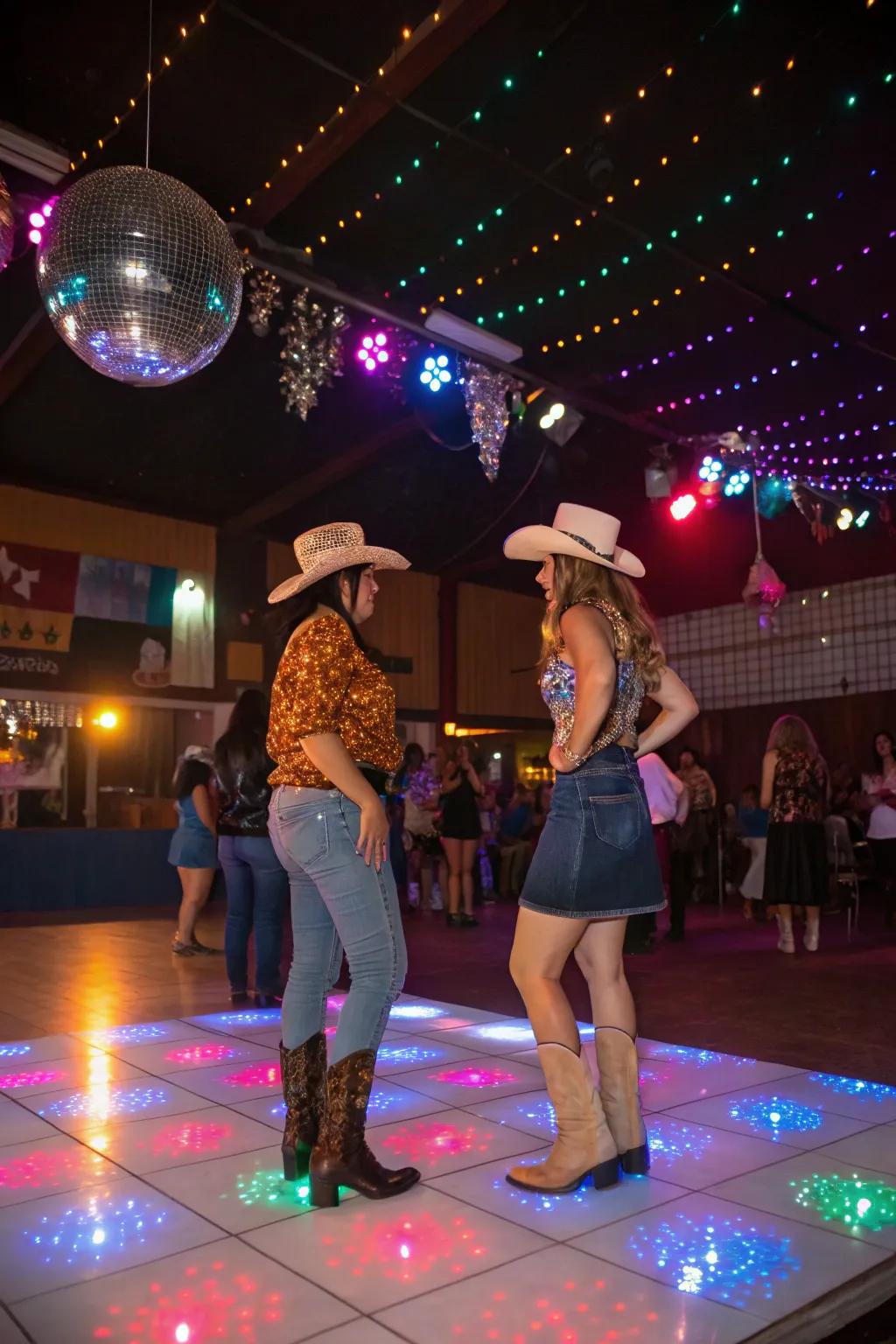 A shimmering cowgirl dance floor blends tradition with fun.