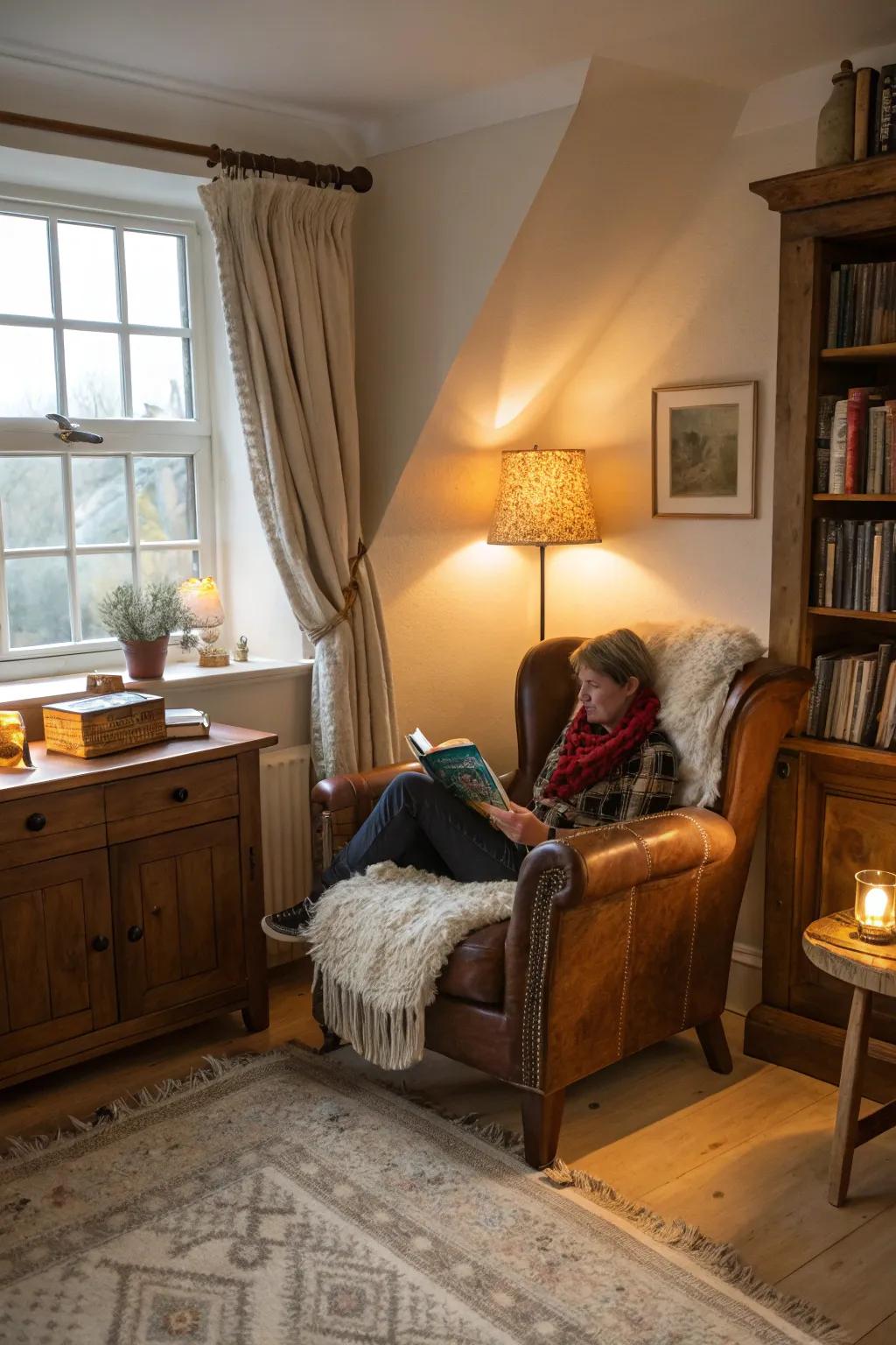 A cozy nook in a bedroom featuring a classic hide armchair.