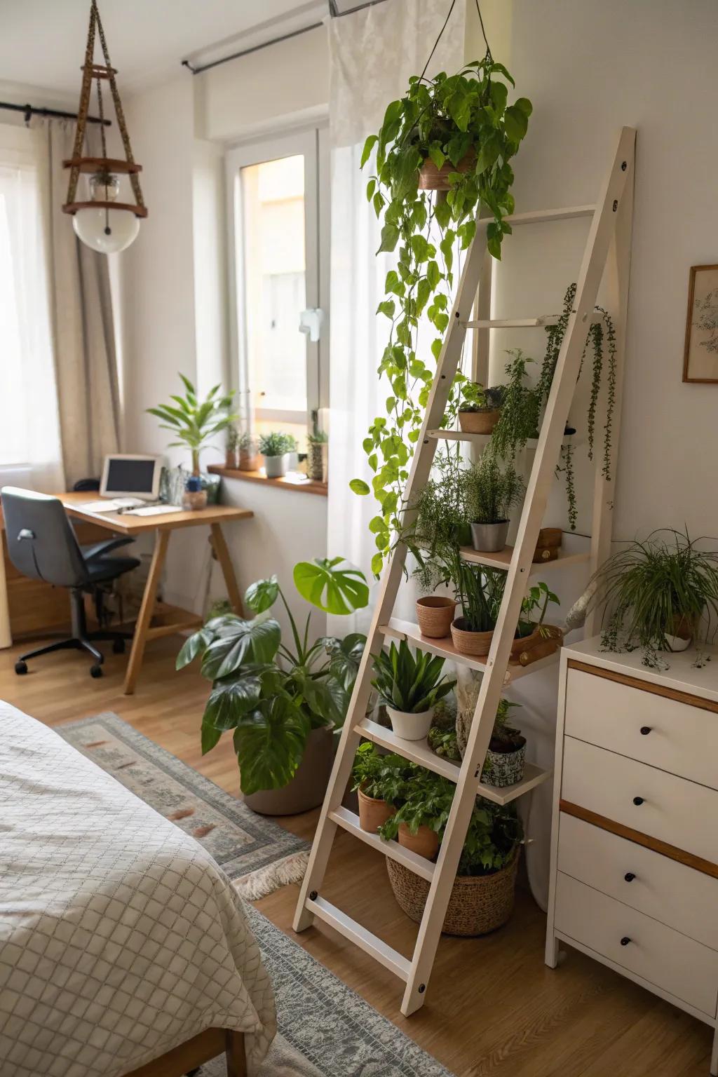 A plant ladder provides a vertical solution for displaying your plant collection.