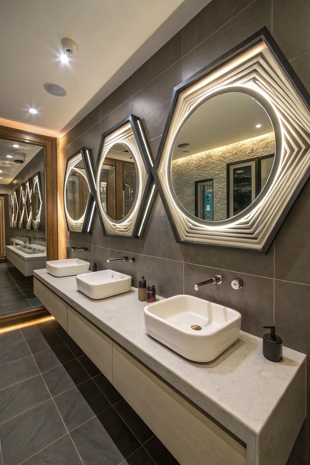 A bathroom featuring geometric mirrors that expand the visual space.
