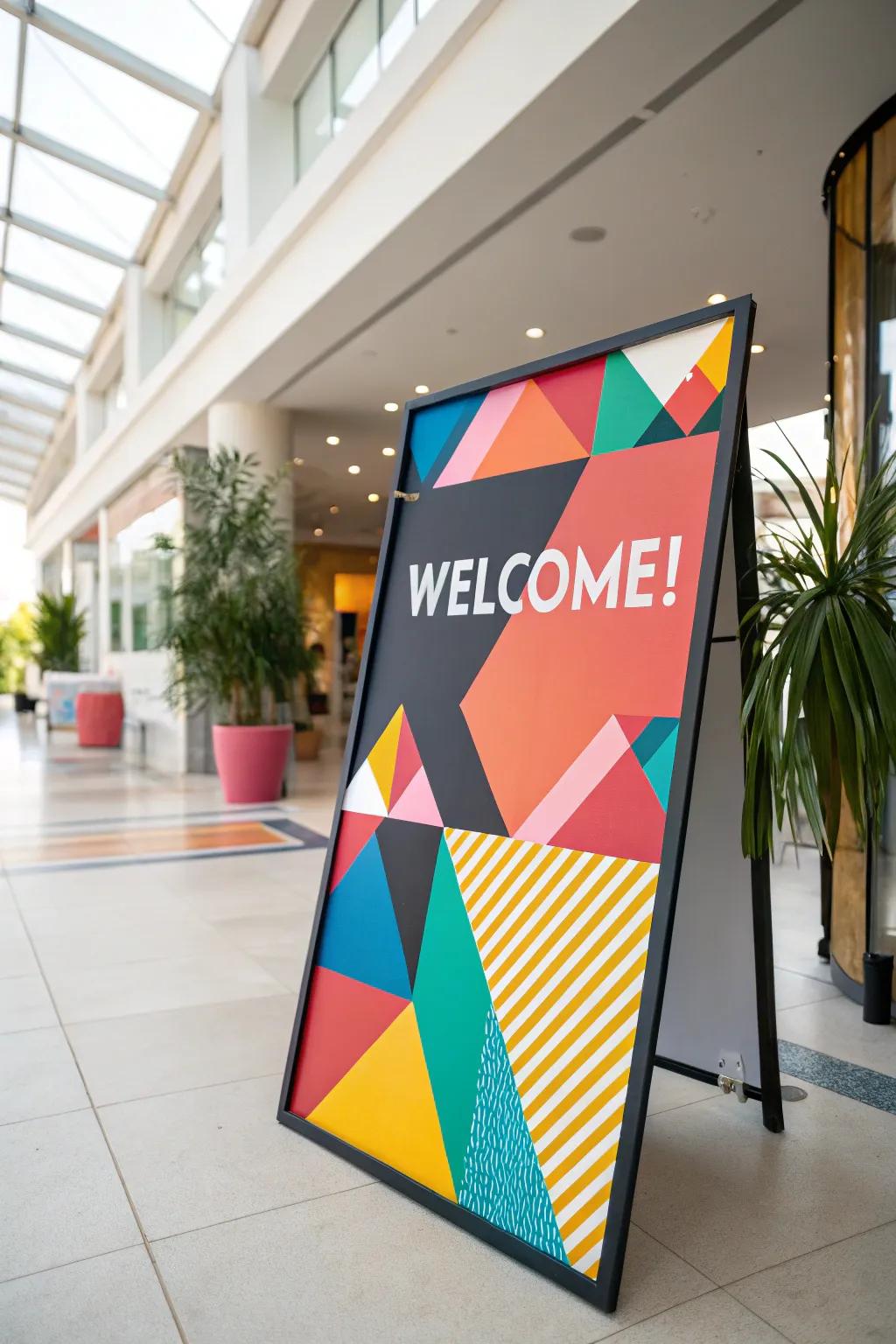 Geometric patterns impart a contemporary and artistic flair to welcome boards.