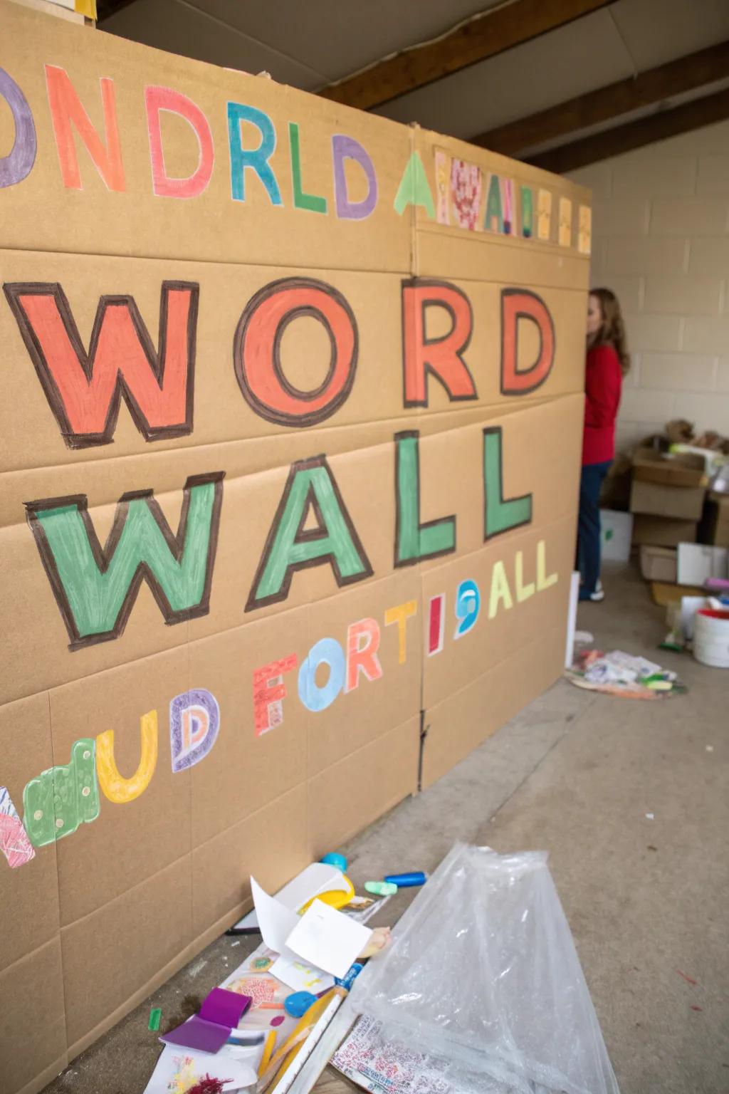 A sustainable word wall featuring reclaimed materials