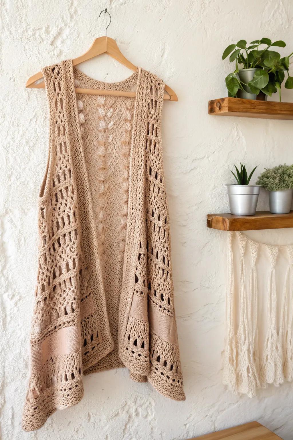 Showcase Off-Kilter Appeal: Spruce up your style using this uniquely designed stitchwork vest, blending minimalist design with bohemian charm.