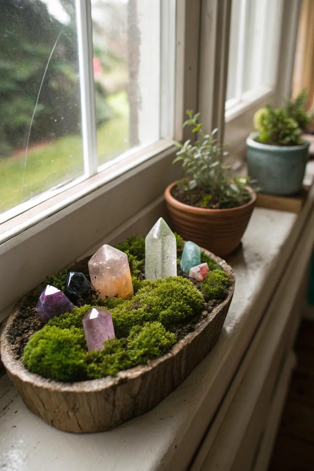 A windowsill transformed into a magical 'crystal forest'.
